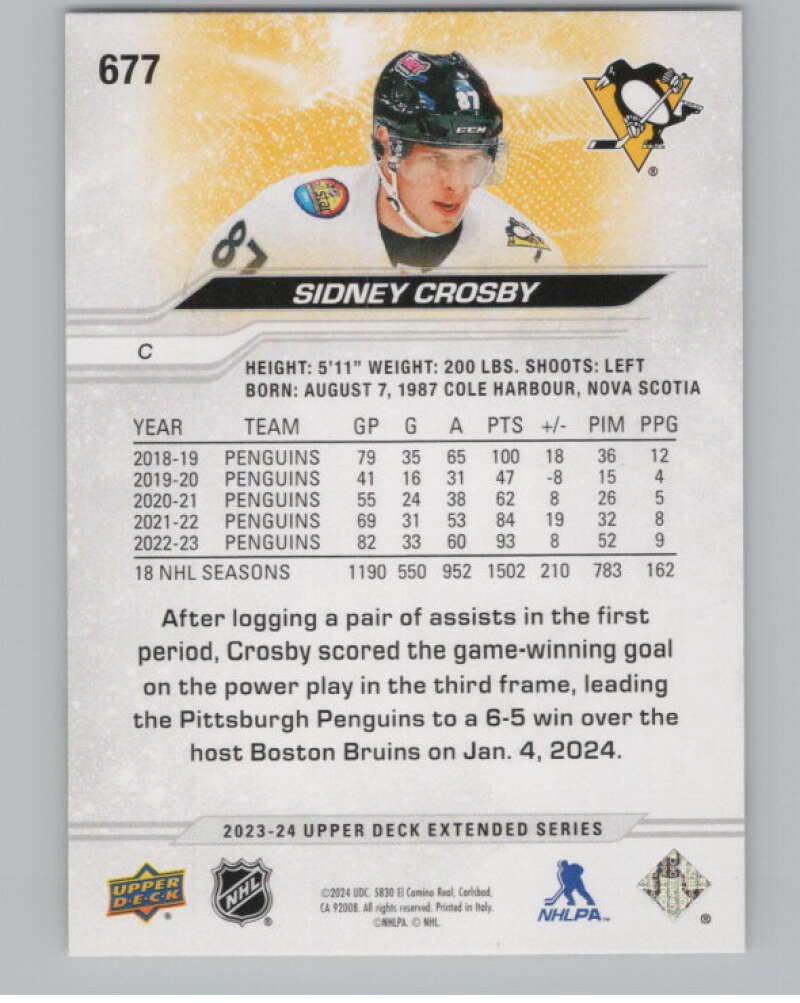 2023-24 Upper Deck Extended Series #677 Sidney Crosby Penguins  V100470 Image 2