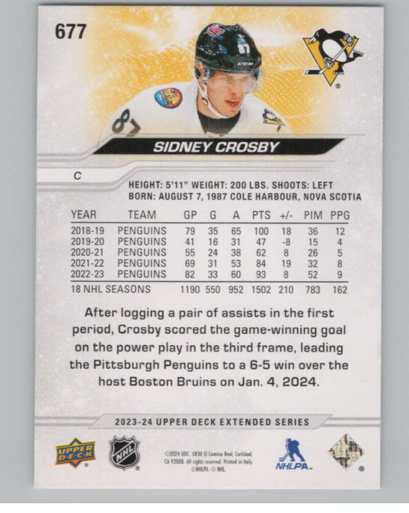 2023-24 Upper Deck Extended Series #677 Sidney Crosby Penguins  V100473 Image 2