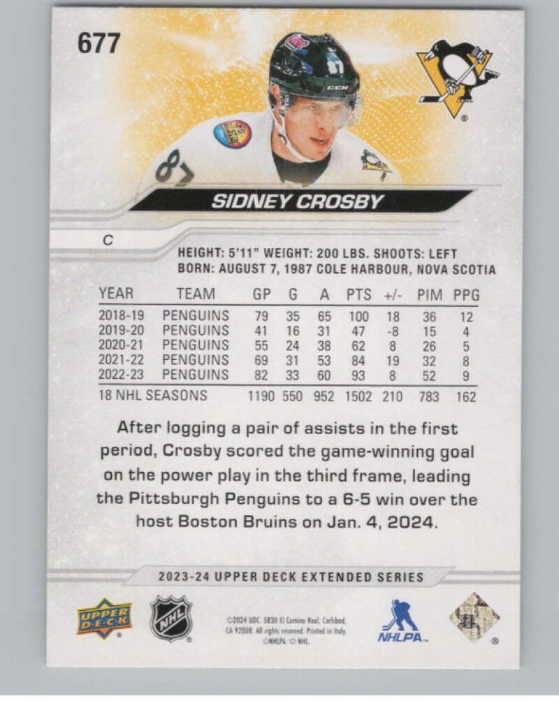 2023-24 Upper Deck Extended Series #677 Sidney Crosby Penguins  V100474 Image 2