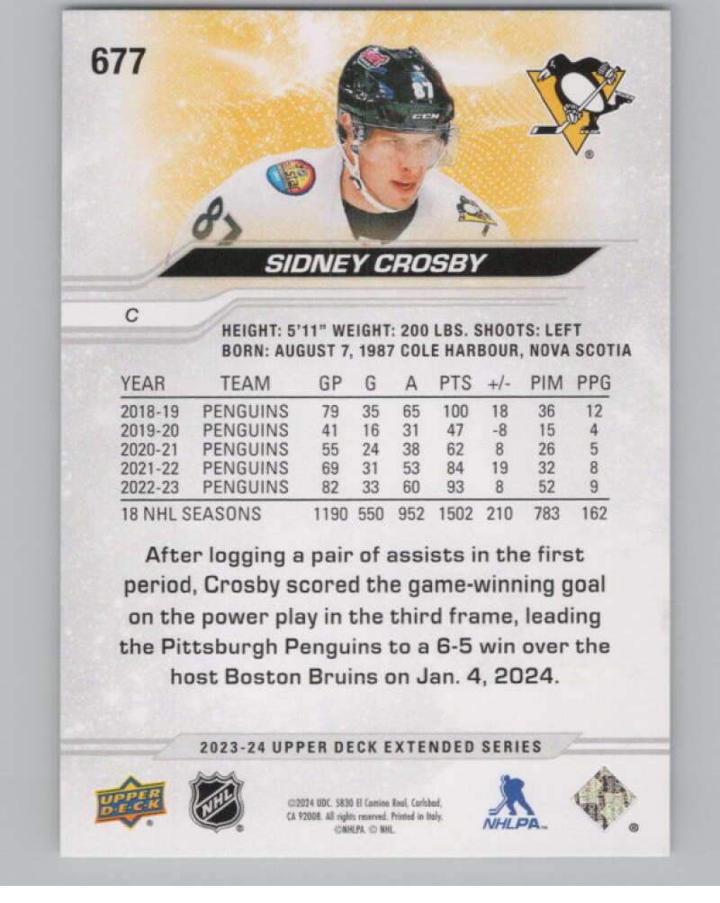 2023-24 Upper Deck Extended Series #677 Sidney Crosby Penguins  V100475 Image 2
