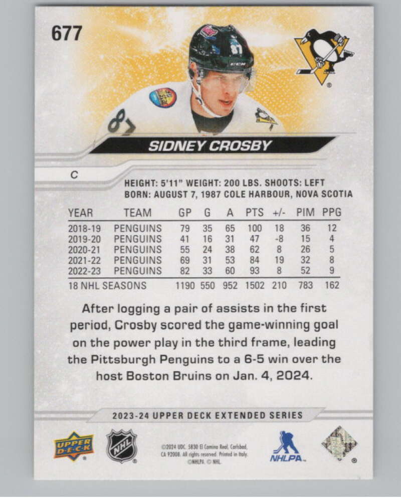 2023-24 Upper Deck Extended Series #677 Sidney Crosby Penguins  V100477 Image 2