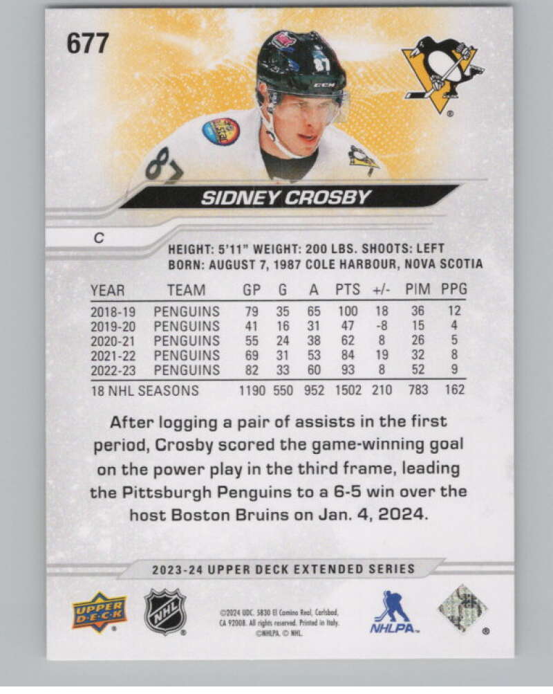 2023-24 Upper Deck Extended Series #677 Sidney Crosby Penguins  V100478 Image 2