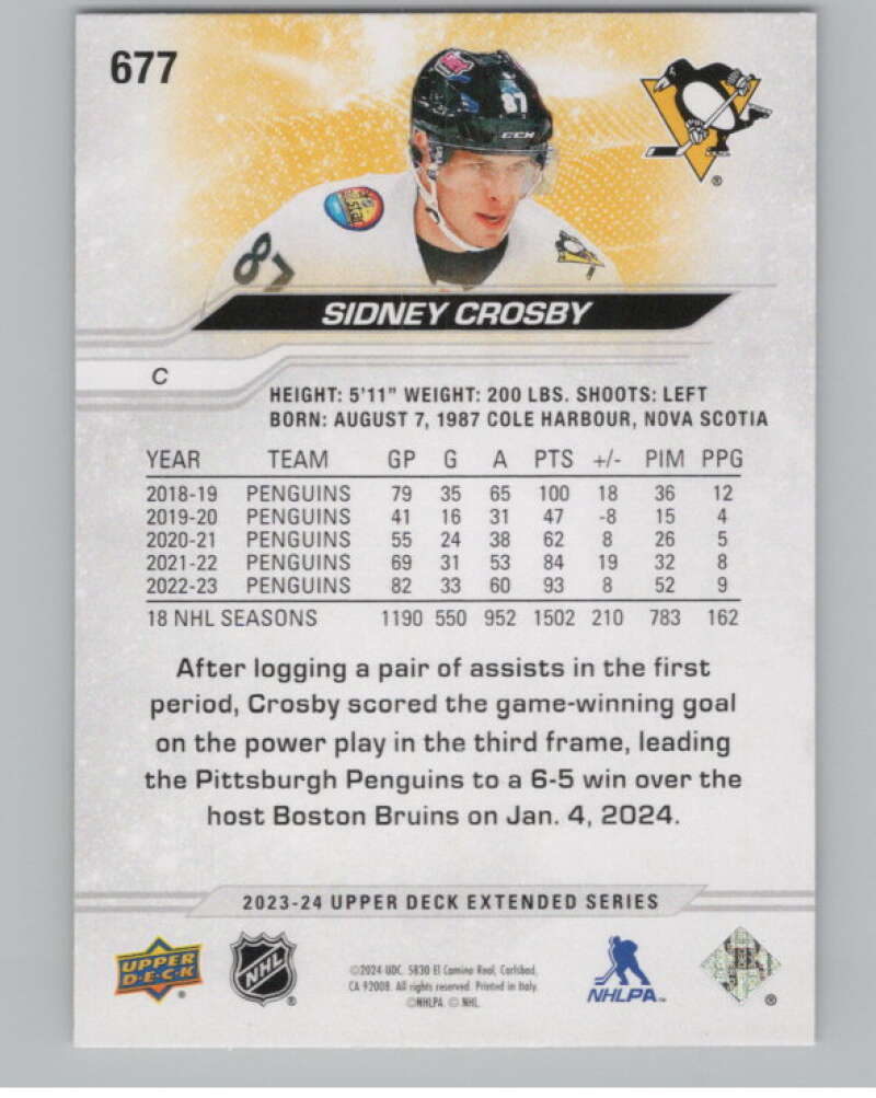2023-24 Upper Deck Extended Series #677 Sidney Crosby Penguins  V100480 Image 2