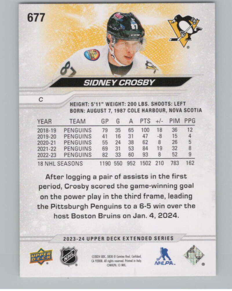 2023-24 Upper Deck Extended Series #677 Sidney Crosby Penguins  V100481 Image 2