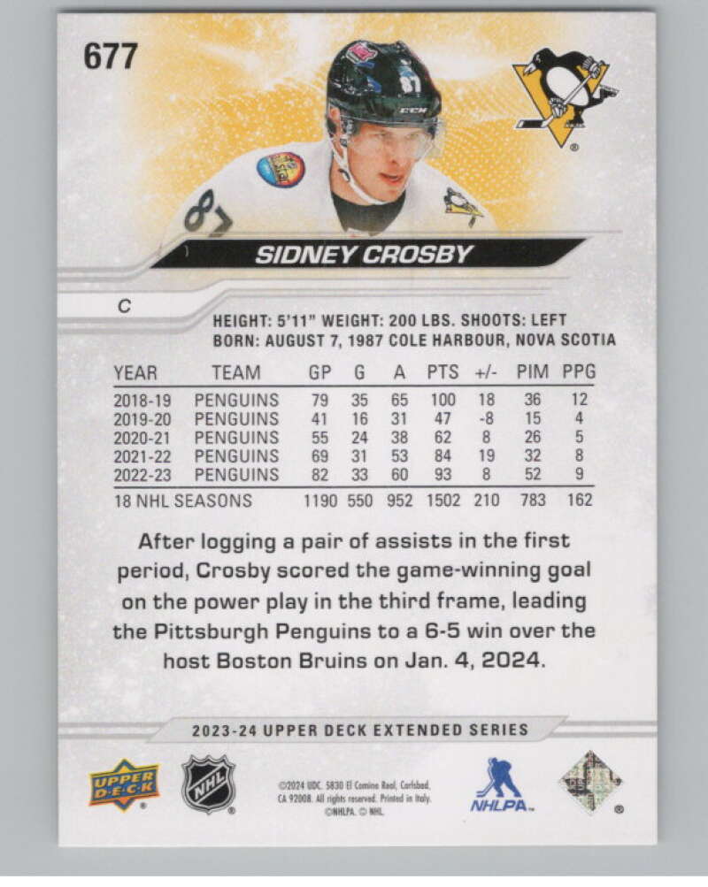 2023-24 Upper Deck Extended Series #677 Sidney Crosby Penguins  V100482 Image 2
