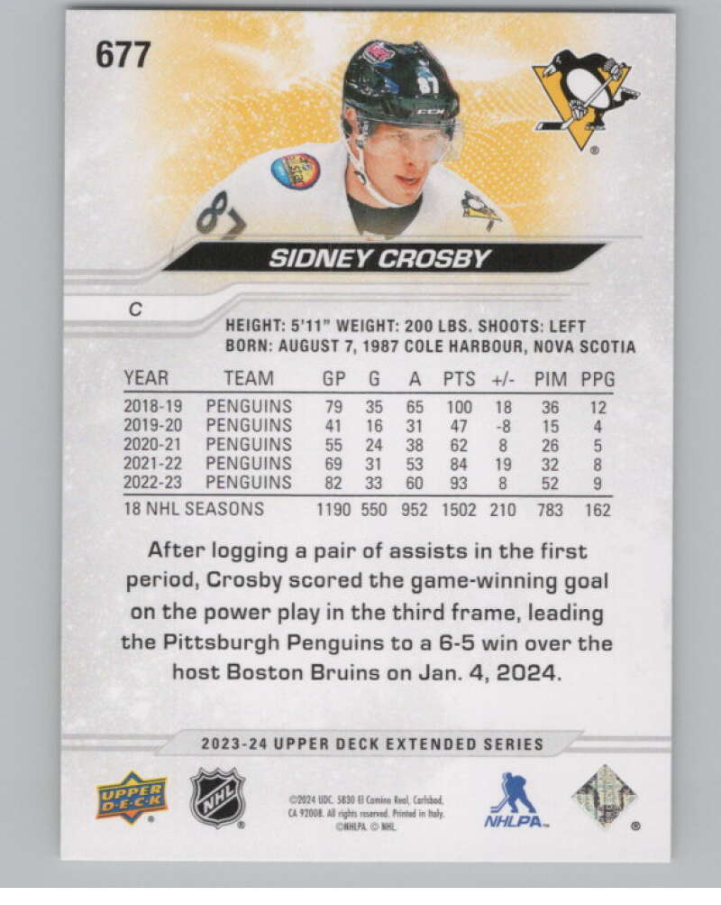 2023-24 Upper Deck Extended Series #677 Sidney Crosby Penguins  V100484 Image 2