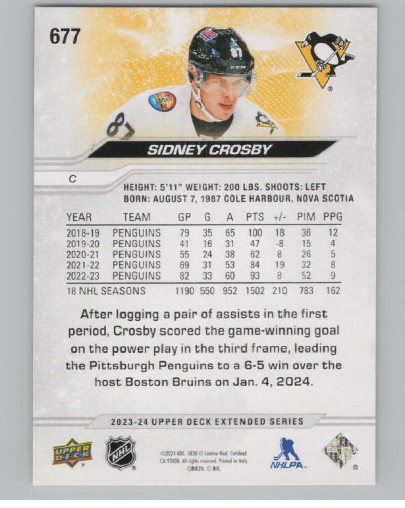 2023-24 Upper Deck Extended Series #677 Sidney Crosby Penguins  V100486 Image 2