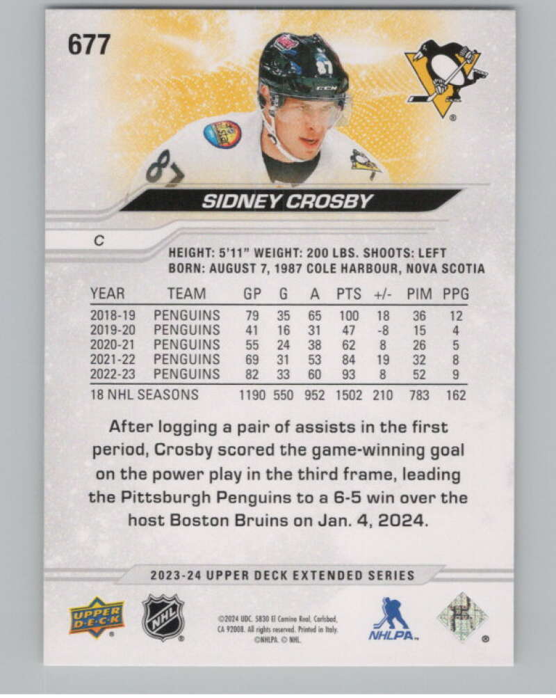 2023-24 Upper Deck Extended Series #677 Sidney Crosby Penguins  V100487 Image 2