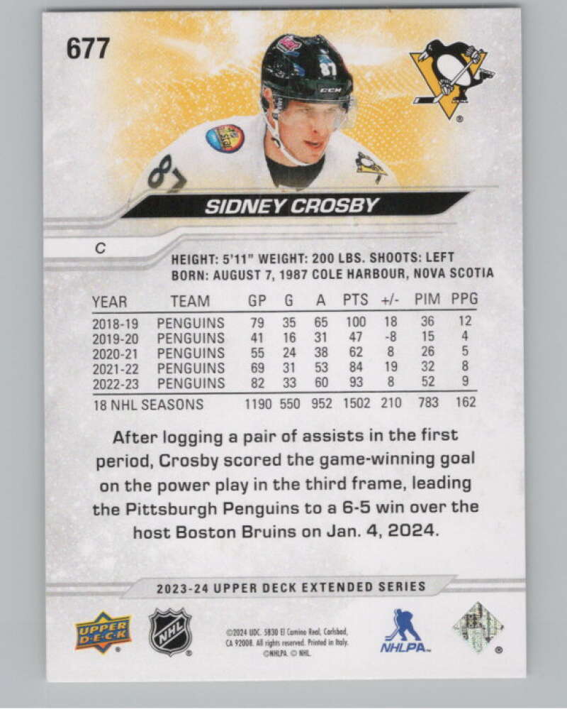 2023-24 Upper Deck Extended Series #677 Sidney Crosby Penguins  V100489 Image 2