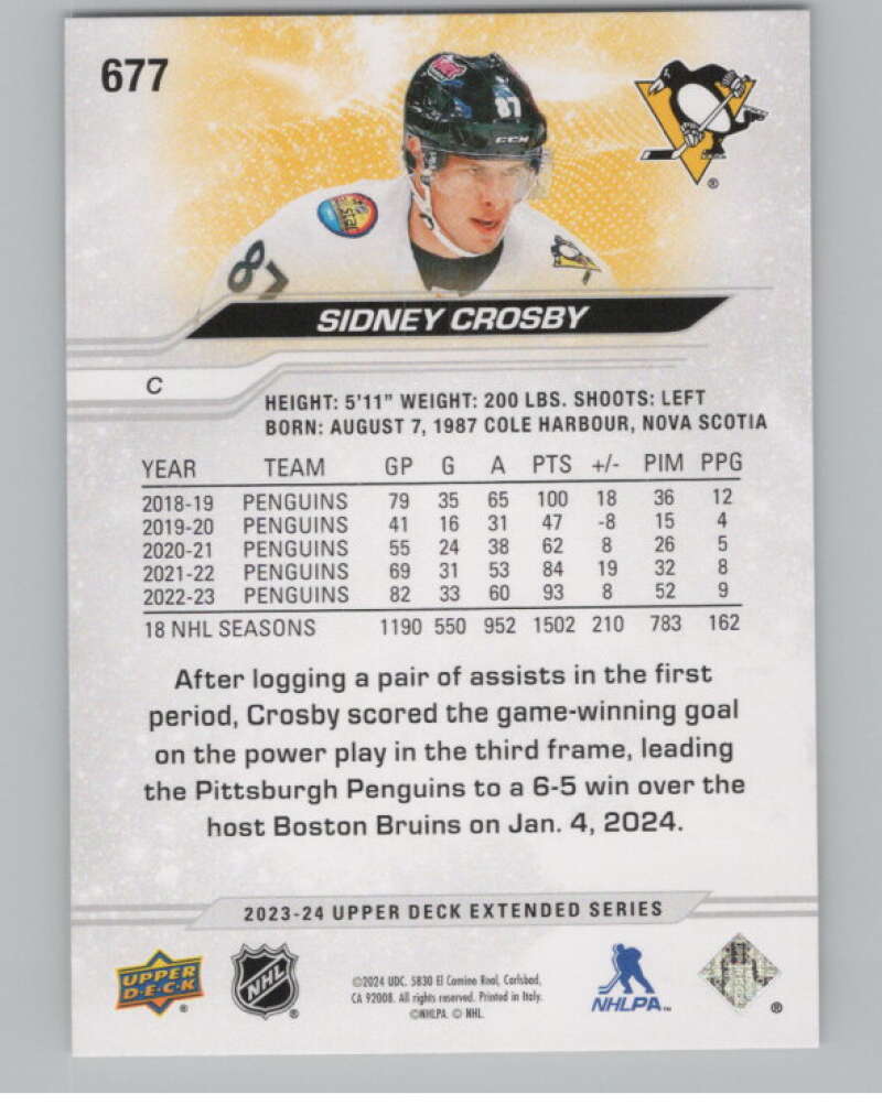2023-24 Upper Deck Extended Series #677 Sidney Crosby Penguins  V100490 Image 2