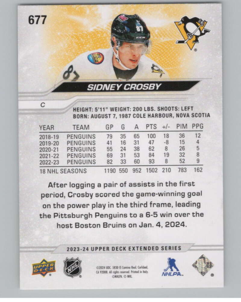 2023-24 Upper Deck Extended Series #677 Sidney Crosby Penguins  V100492 Image 2