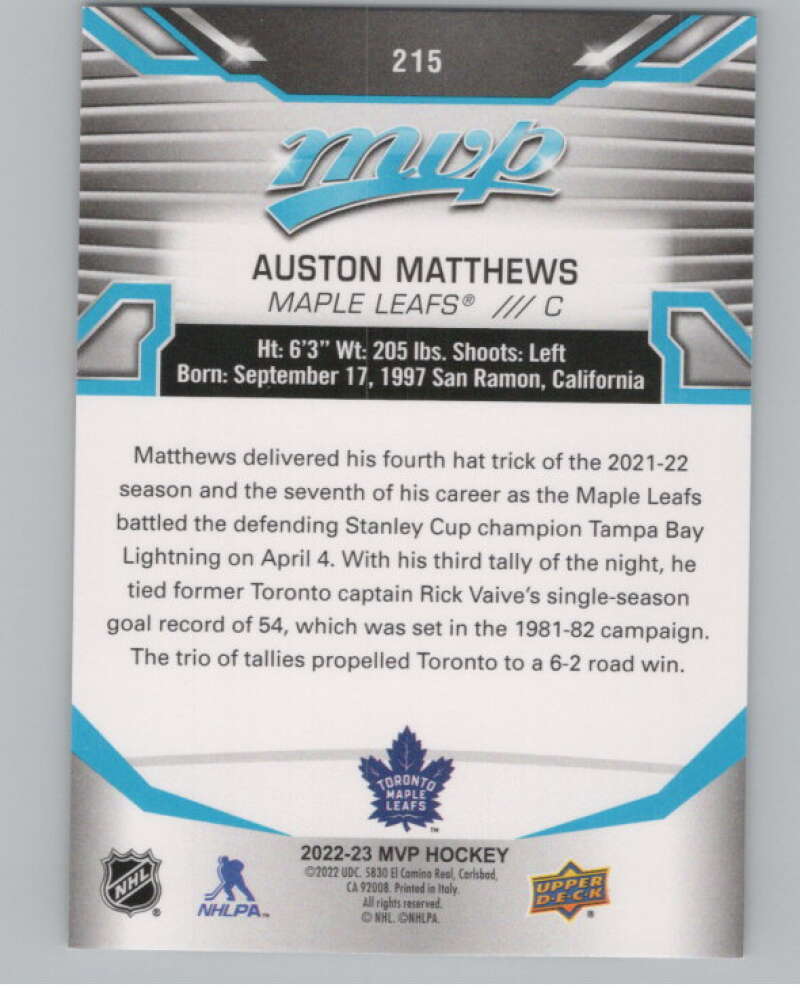 2022-23 Upper Deck MVP #215 Auston Matthews SP Toronto Maple Leafs  V100493 Image 2