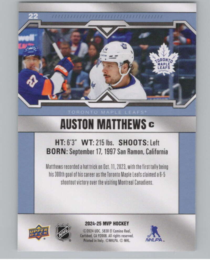 2024-25 Upper Deck MVP #22 Auston Matthews  Toronto Maple Leafs  V100495 Image 2