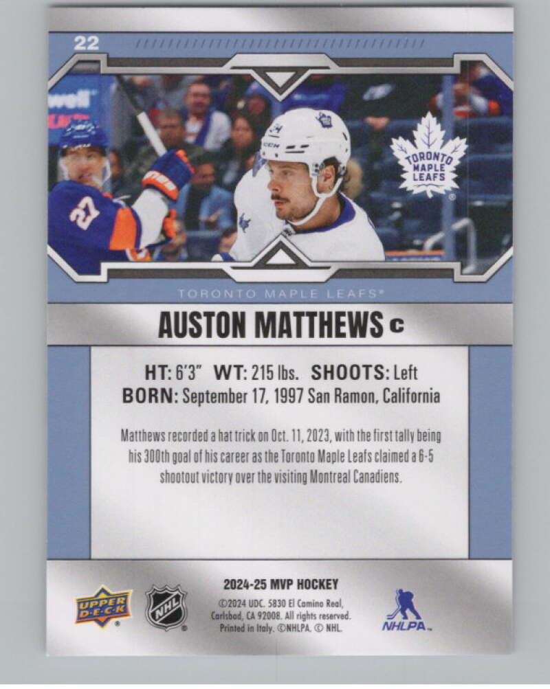 2024-25 Upper Deck MVP #22 Auston Matthews  Toronto Maple Leafs  V100496 Image 2