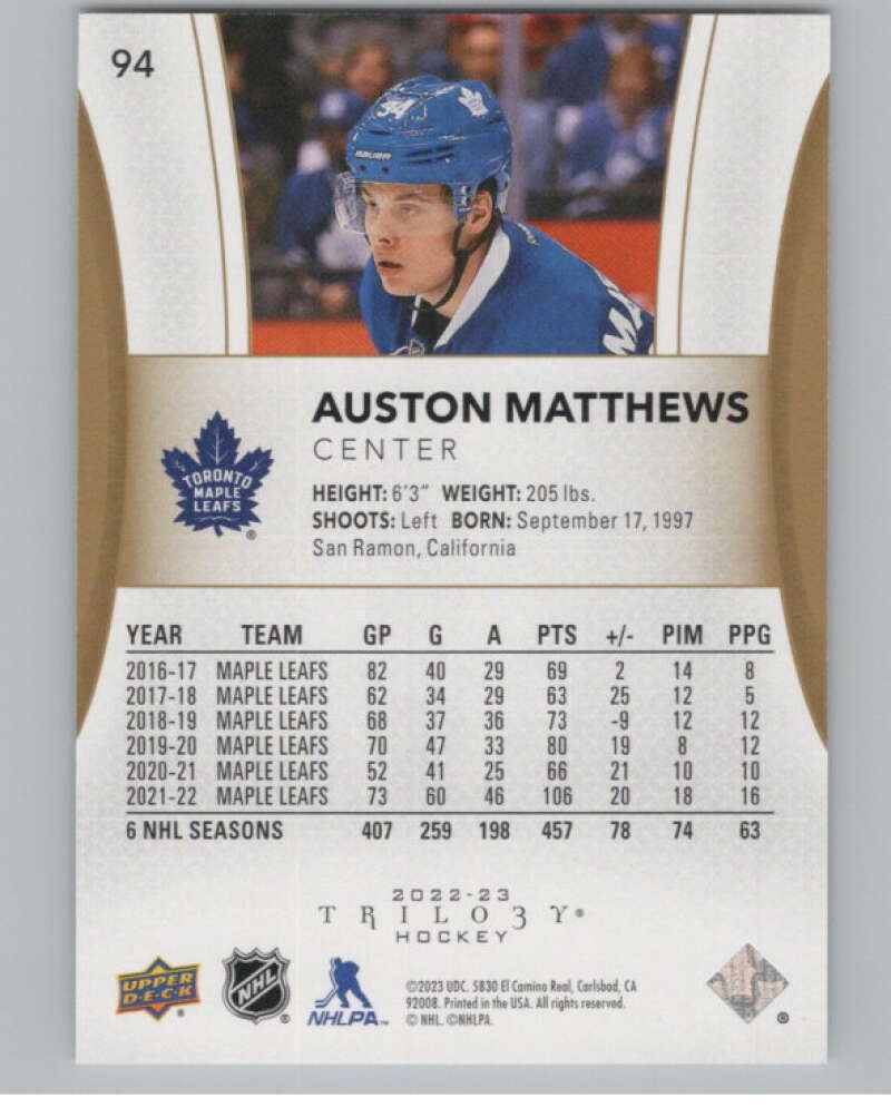 2022-23 Upper Deck Trilogy #94 Auston Matthews  Toronto Maple Leafs  V100498 Image 2