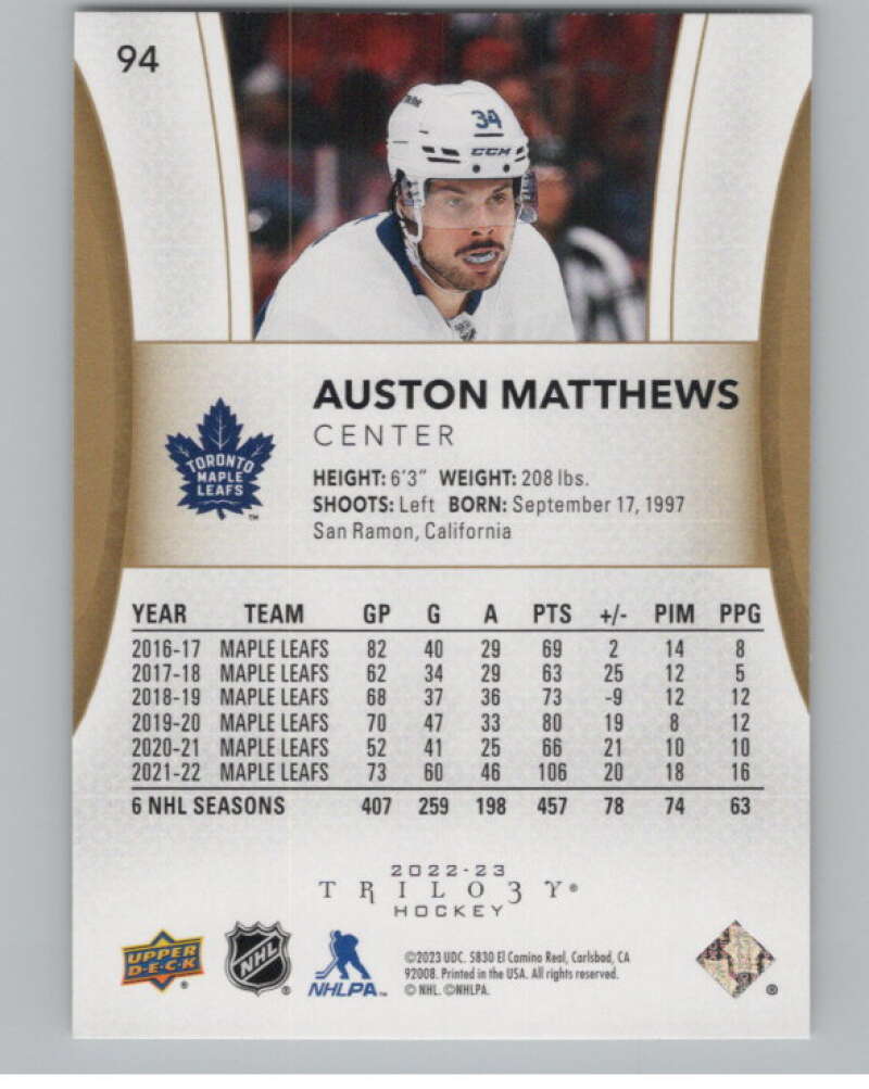 2022-23 Upper Deck Trilogy #94 Auston Matthews  Toronto Maple Leafs  V100499 Image 2