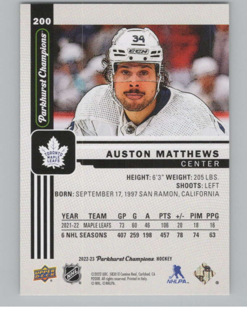 2022-23 Upper Deck Parkhurst Champions #200 Auston Matthews Leafs  V100500 Image 2
