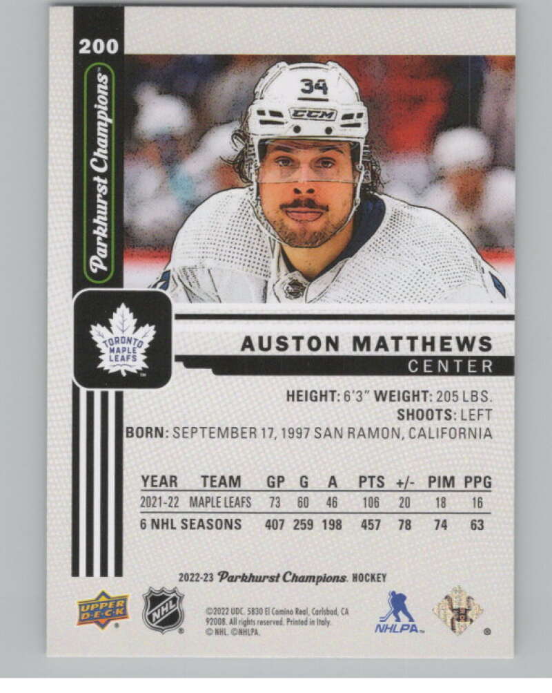 2022-23 Upper Deck Parkhurst Champions #200 Auston Matthews Leafs  V100502 Image 2