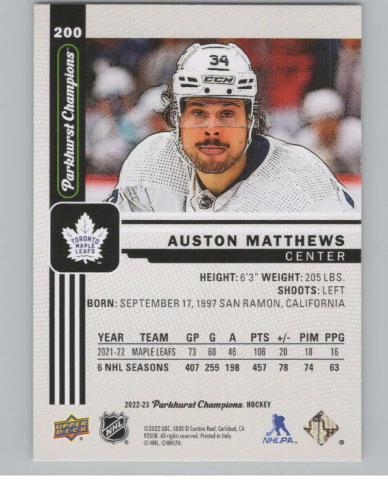 2022-23 Upper Deck Parkhurst Champions #200 Auston Matthews Leafs  V100503 Image 2