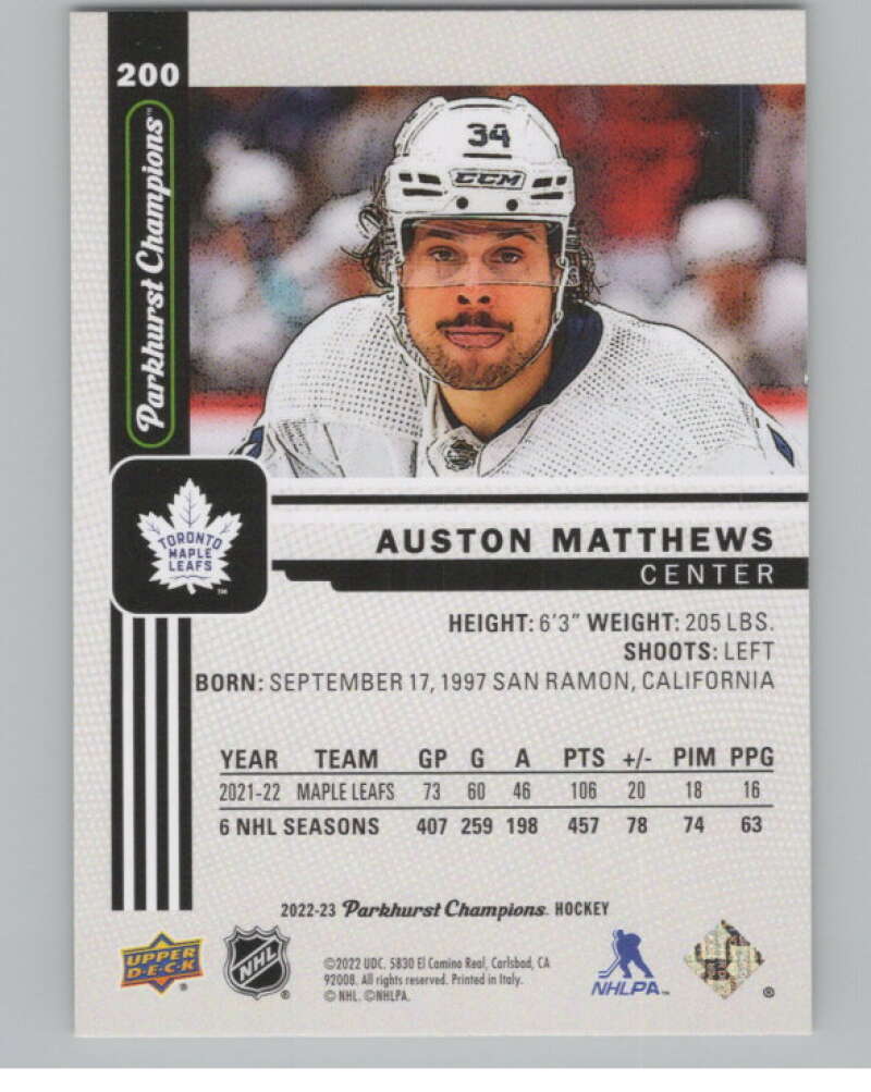 2022-23 Upper Deck Parkhurst Champions #200 Auston Matthews Leafs  V100504 Image 2