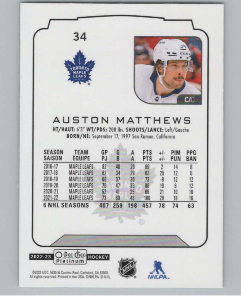 2022-23 O-Pee-Chee Platinum #34 Auston Matthews  Toronto Maple Leafs  V100509 Image 2