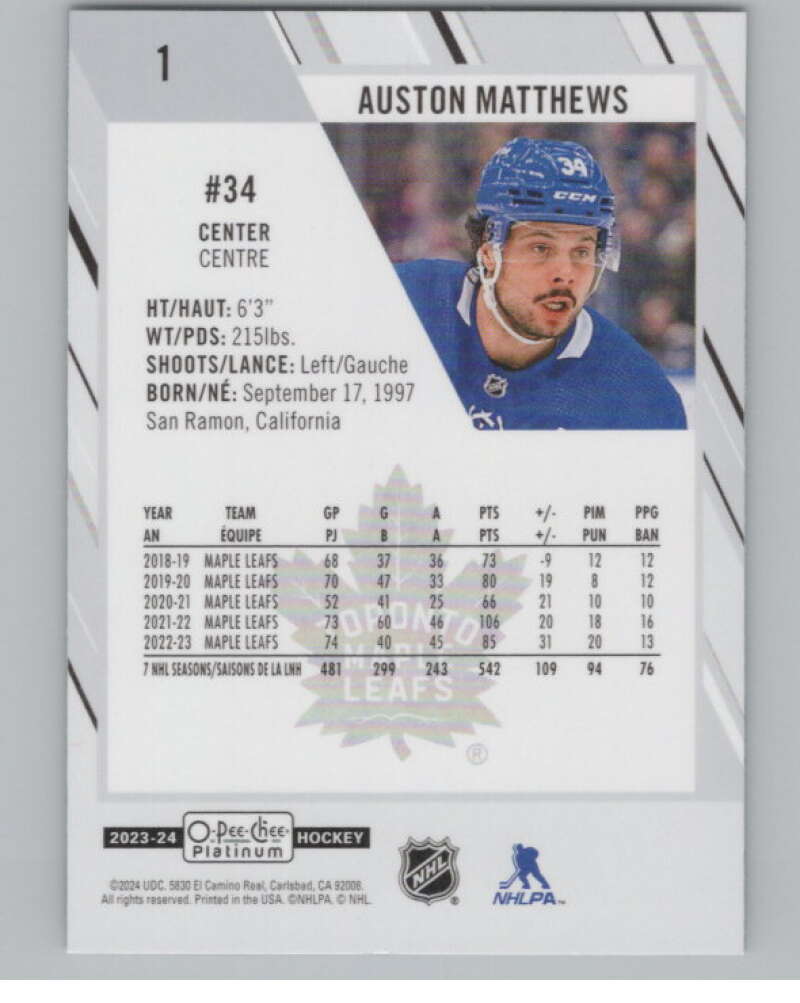 2023-24 O-Pee-Chee Platinum #1 Auston Matthews  Toronto Maple Leafs  V100510 Image 2