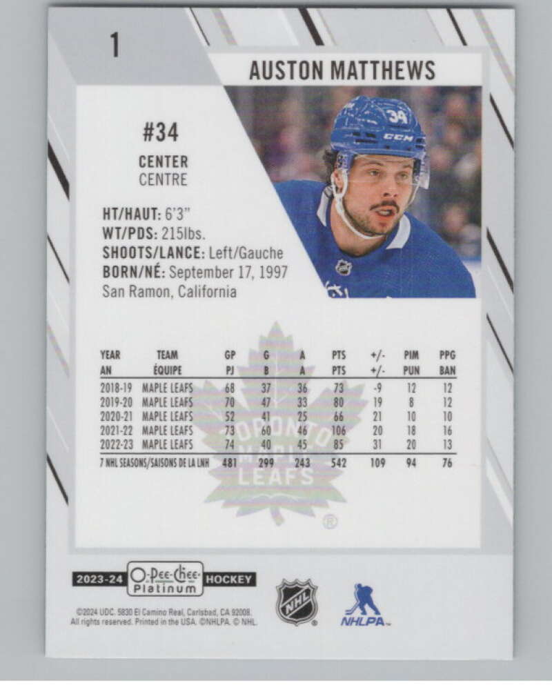 2023-24 O-Pee-Chee Platinum #1 Auston Matthews  Toronto Maple Leafs  V100511 Image 2