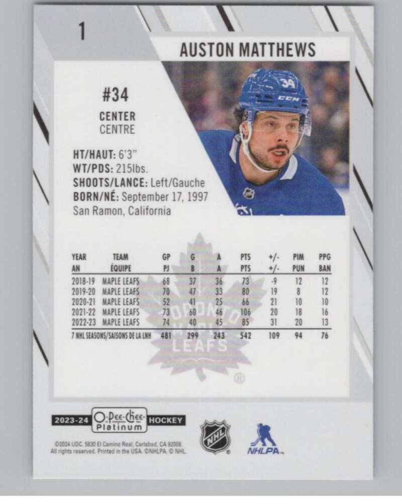 2023-24 O-Pee-Chee Platinum #1 Auston Matthews  Toronto Maple Leafs  V100512 Image 2
