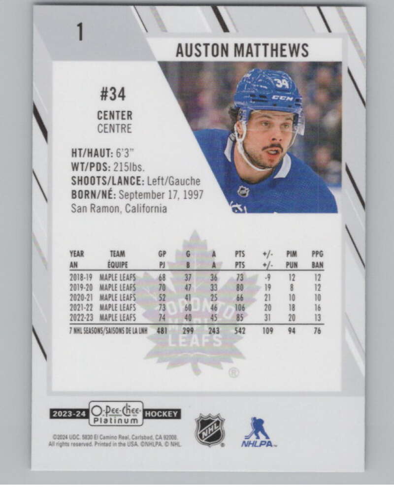 2023-24 O-Pee-Chee Platinum #1 Auston Matthews  Toronto Maple Leafs  V100513 Image 2