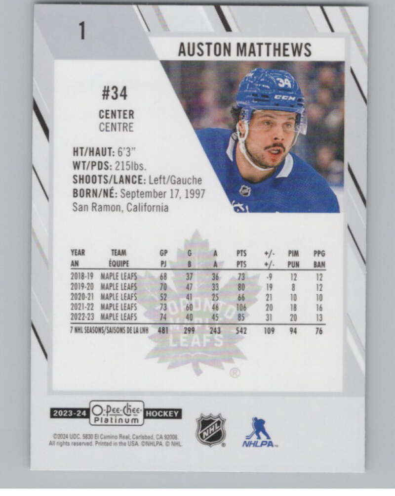 2023-24 O-Pee-Chee Platinum #1 Auston Matthews  Toronto Maple Leafs  V100514 Image 2