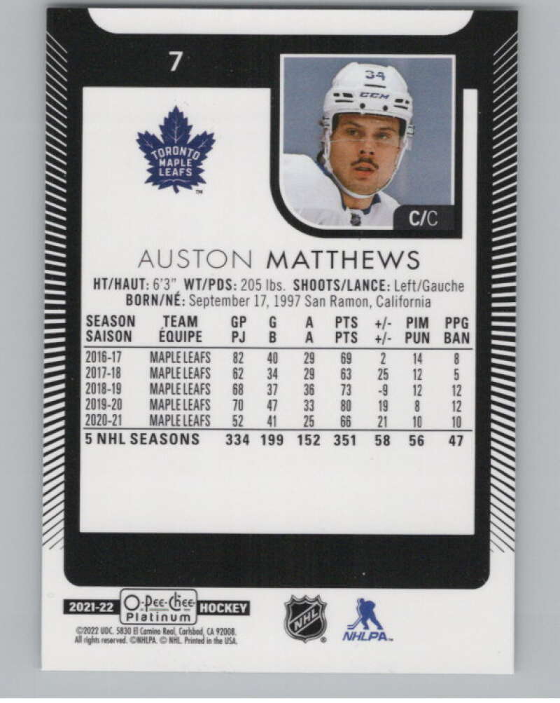 2021-22 O-Pee-Chee Platinum #7 Auston Matthews  Toronto Maple Leafs  V100515 Image 2