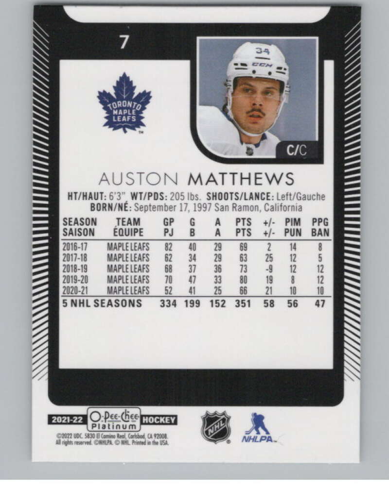 2021-22 O-Pee-Chee Platinum #7 Auston Matthews  Toronto Maple Leafs  V100516 Image 2