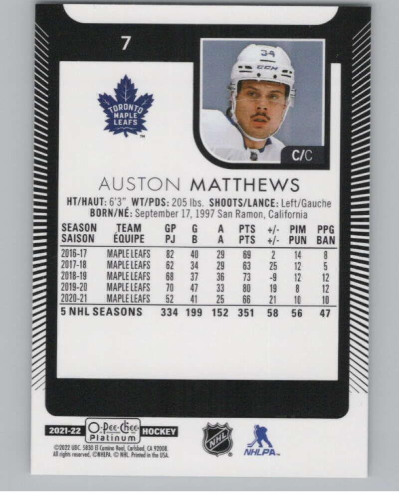 2021-22 O-Pee-Chee Platinum #7 Auston Matthews  Toronto Maple Leafs  V100517 Image 2