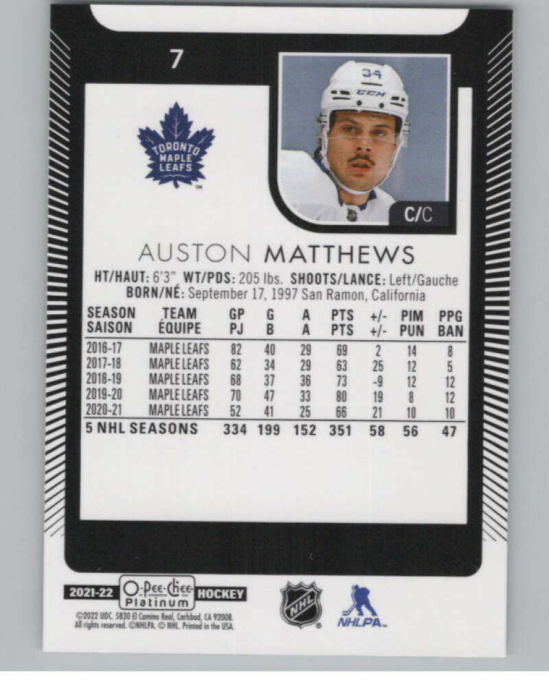 2021-22 O-Pee-Chee Platinum #7 Auston Matthews  Toronto Maple Leafs  V100518 Image 2