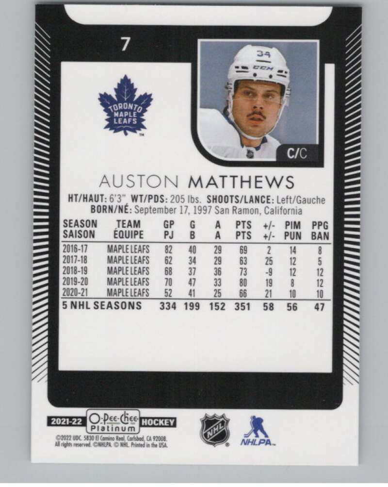 2021-22 O-Pee-Chee Platinum #7 Auston Matthews  Toronto Maple Leafs  V100519 Image 2