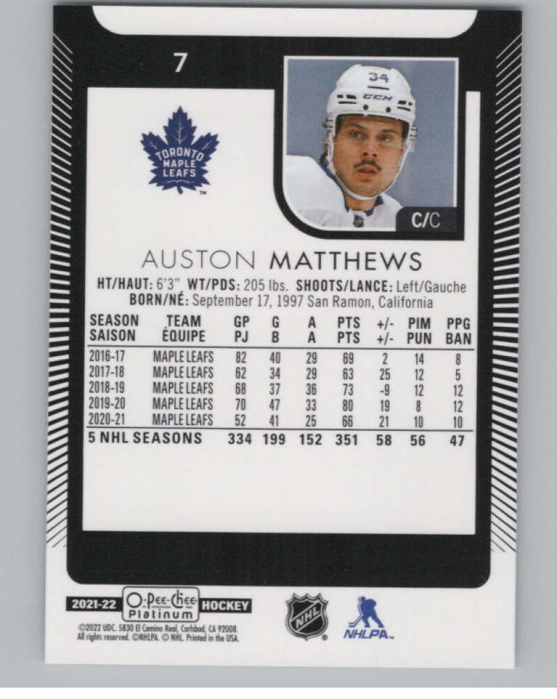 2021-22 O-Pee-Chee Platinum #7 Auston Matthews  Toronto Maple Leafs  V100520 Image 2