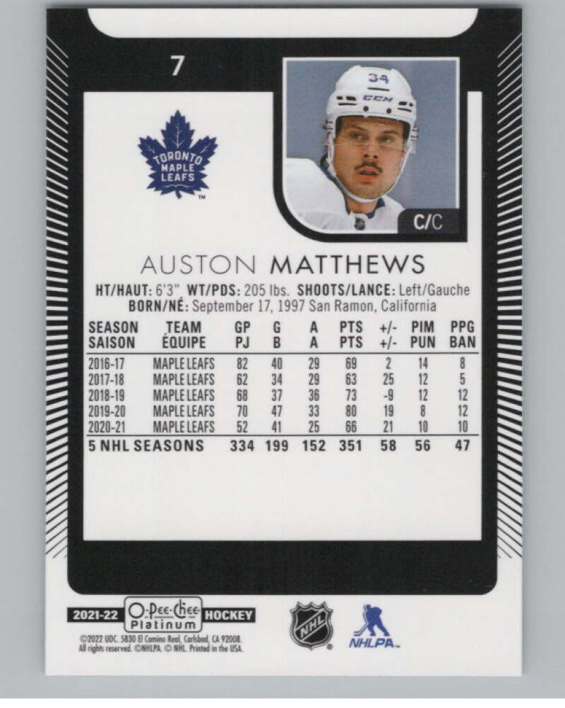 2021-22 O-Pee-Chee Platinum #7 Auston Matthews  Toronto Maple Leafs  V100521 Image 2