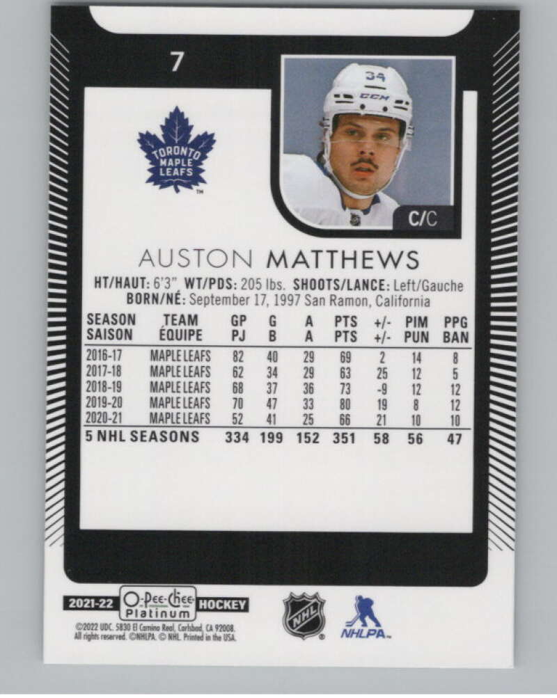 2021-22 O-Pee-Chee Platinum #7 Auston Matthews  Toronto Maple Leafs  V100522 Image 2