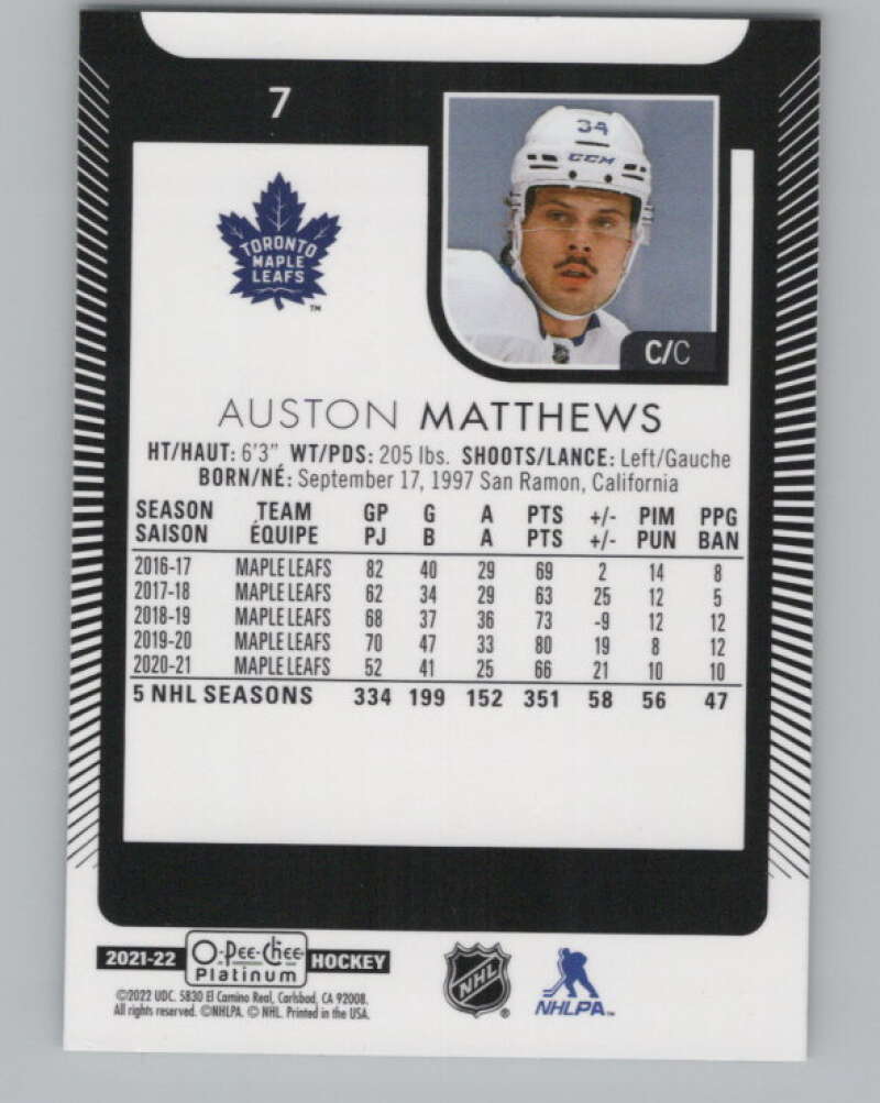 2021-22 O-Pee-Chee Platinum #7 Auston Matthews  Toronto Maple Leafs  V100523 Image 2