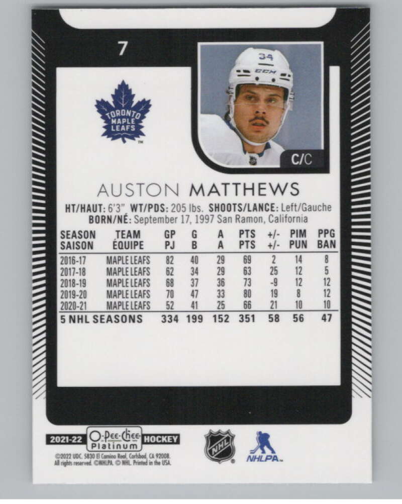 2021-22 O-Pee-Chee Platinum #7 Auston Matthews  Toronto Maple Leafs  V100524 Image 2