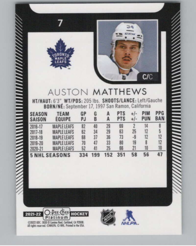2021-22 O-Pee-Chee Platinum #7 Auston Matthews  Toronto Maple Leafs  V100525 Image 2