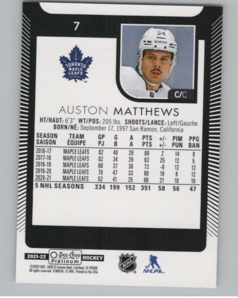 2021-22 O-Pee-Chee Platinum #7 Auston Matthews  Toronto Maple Leafs  V100526 Image 2