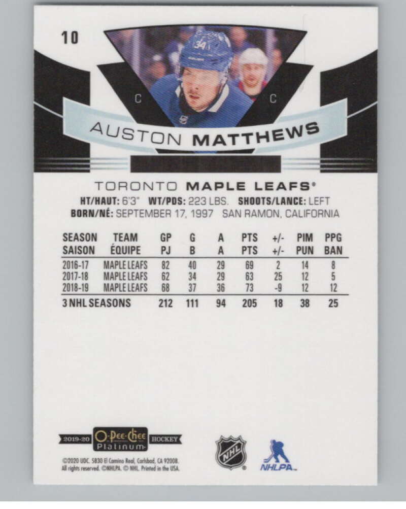 2019-20 O-Pee-Chee Platinum #10 Auston Matthews  Toronto Maple Leafs  V100527 Image 2