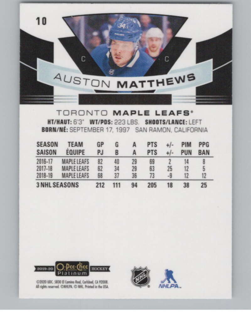 2019-20 O-Pee-Chee Platinum #10 Auston Matthews  Toronto Maple Leafs  V100528 Image 2