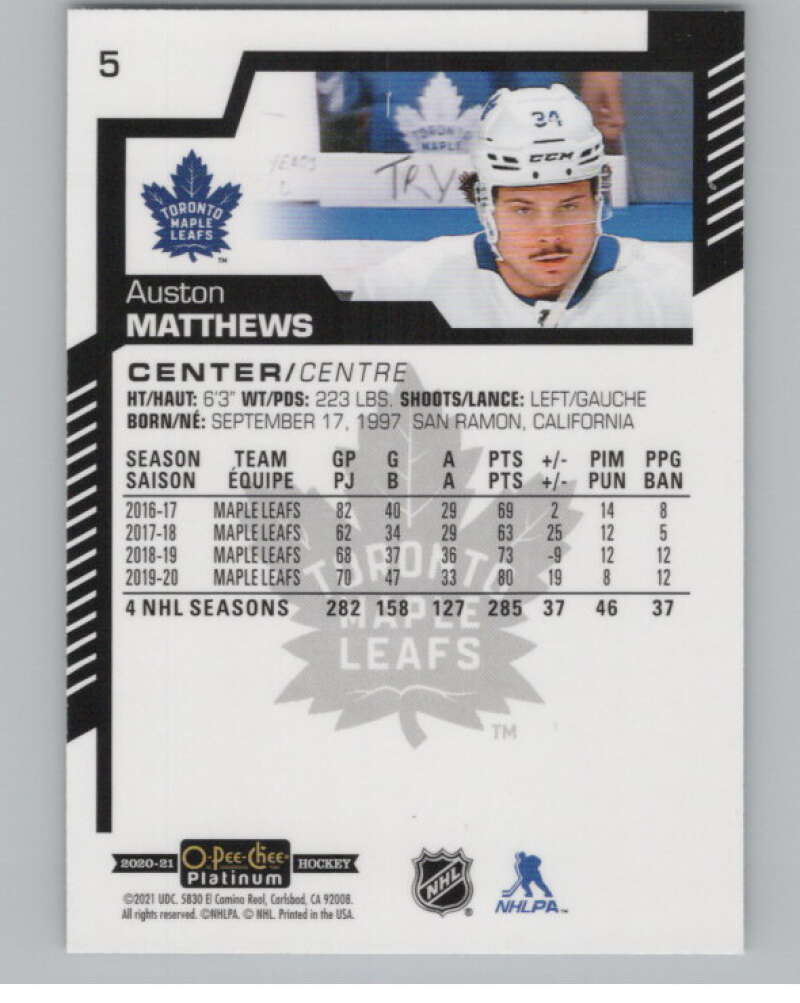2020-21 O-Pee-Chee Platinum #5 Auston Matthews  Toronto Maple Leafs  V100530 Image 2