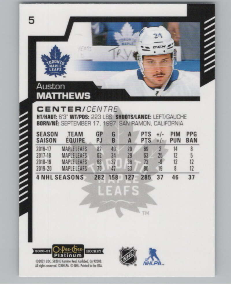 2020-21 O-Pee-Chee Platinum #5 Auston Matthews  Toronto Maple Leafs  V100531 Image 2
