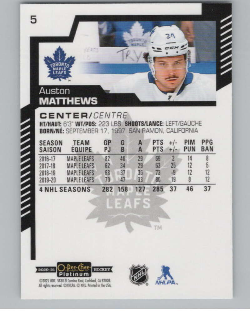2020-21 O-Pee-Chee Platinum #5 Auston Matthews  Toronto Maple Leafs  V100532 Image 2