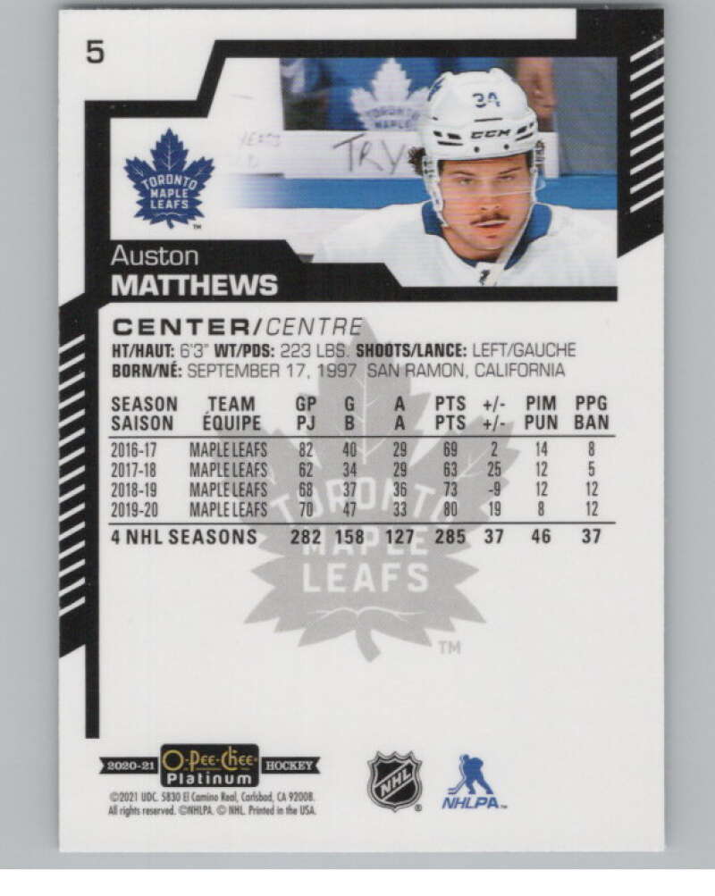 2020-21 O-Pee-Chee Platinum #5 Auston Matthews  Toronto Maple Leafs  V100533 Image 2