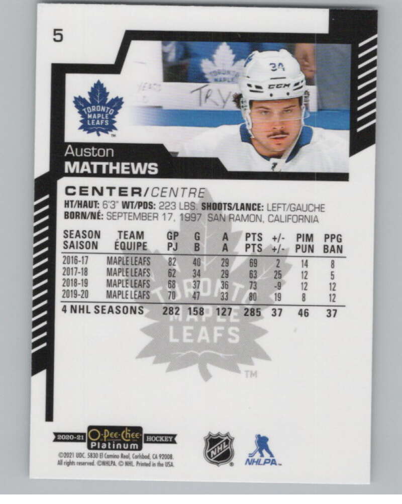 2020-21 O-Pee-Chee Platinum #5 Auston Matthews  Toronto Maple Leafs  V100534 Image 2