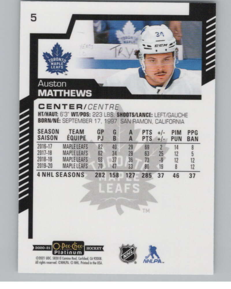 2020-21 O-Pee-Chee Platinum #5 Auston Matthews  Toronto Maple Leafs  V100535 Image 2